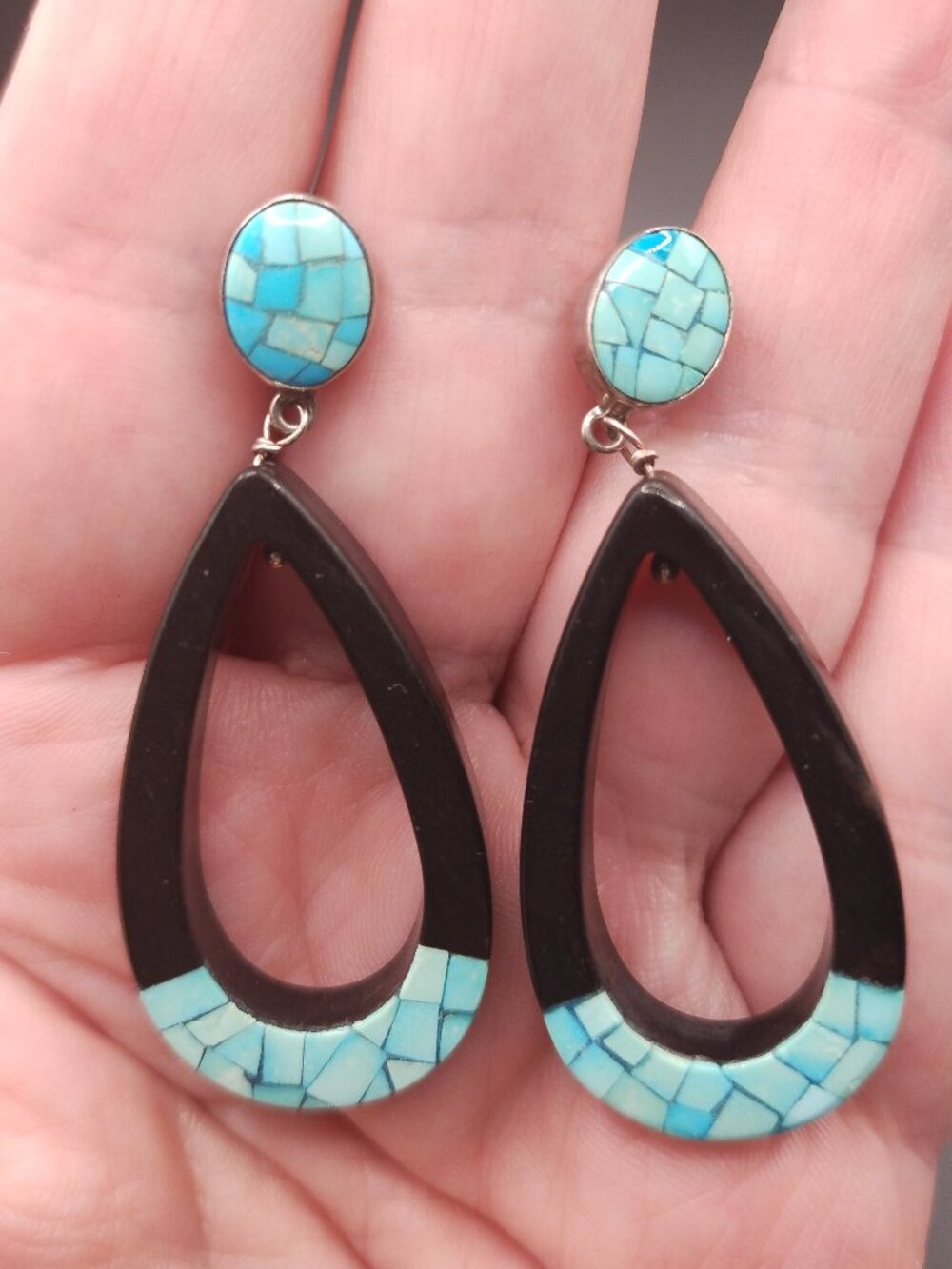 Jay King DTR black Agate sleeping beauty turquoise inlay earrings 925 Sterling S